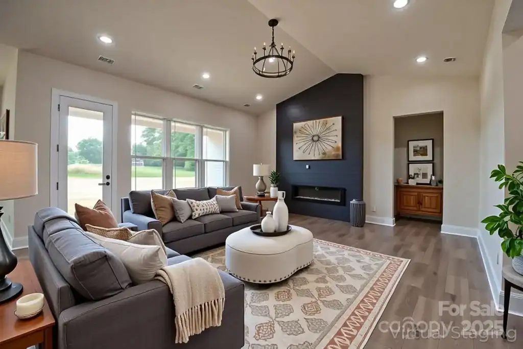 0756d40fa3777b388bfe92a45fd3a8ef-uncropped_scaled_within_1536_1152 Modern living room interior with black accent wall and contemporary fireplace, featuring ample natural light.
