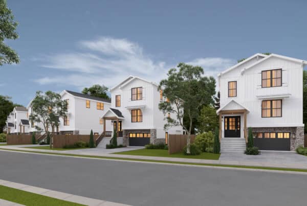 Modern white suburban homes with contemporary architecture in a neighborhood setting, built by Bertamini Development.
